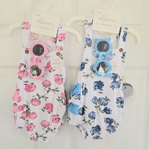 Milkberry Floral Baby Romper 2 - Pink & Blue Hydrangea with Sunnies NEW